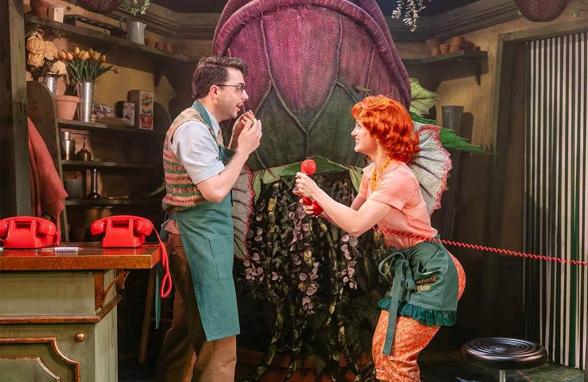 Jed Berry as Seymour and Maisie Smith as Audrey in Mushnik’s flower shop in Little Shop of Horrors. Photo by Danny Kaan Jed Berry as Seymour and Maisie Smith as Audrey in Mushnik’s flower shop in Little Shop of Horrors. Photo by Danny Kaan
