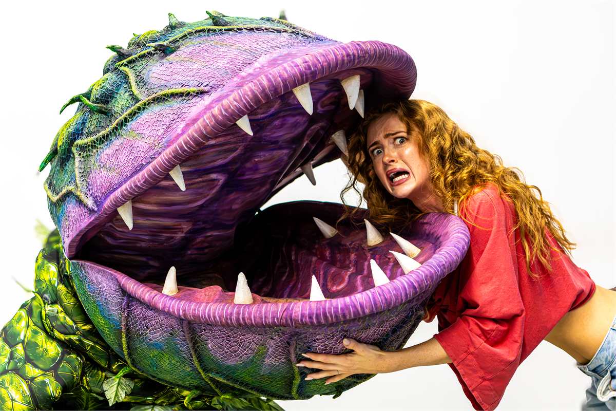 Maisie Smith as Audrey with the Audrey II puppet in rehearsals for Little Shop of Horrors. Photo by Rosie Moore / The Social Sort