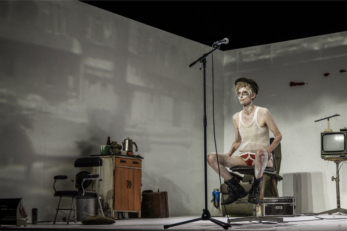 Tilda Swinton as Ella/Max in Man to Man at the Royal Court Theatre. Photo by Ruediger Glatz