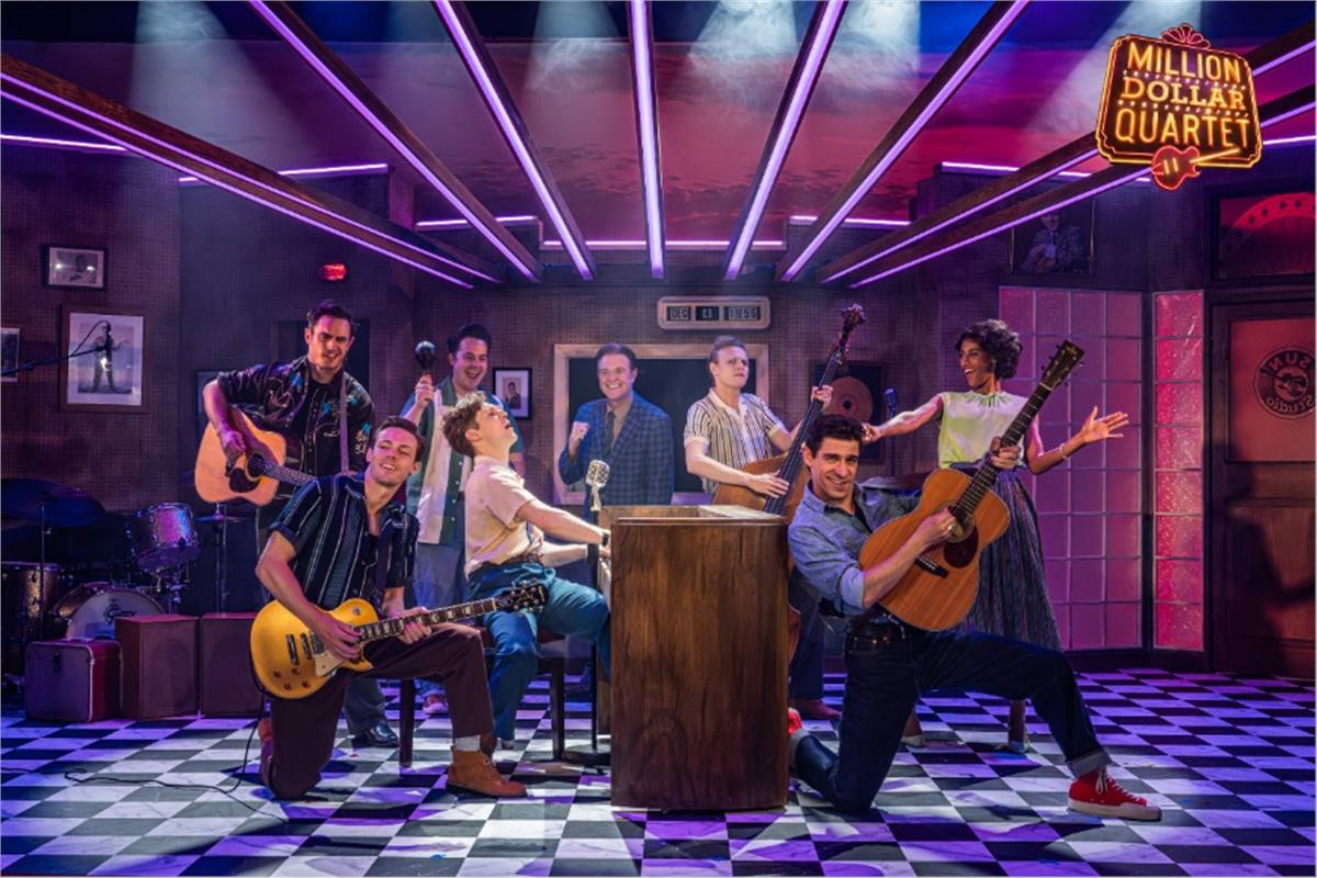 The company of Million Dollar Quartet on the Sun Studio set, in the Barn Theatre production transferring to The Arts at Marble Arch