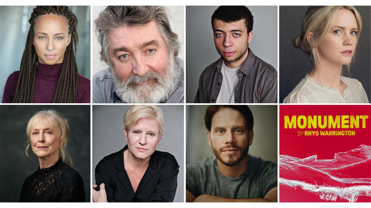 The cast of Monument, top row from left: Crystal Condie, Ifan Huw Dafydd, Joshua Griffin and Anna Lundberg; bottom row: Sharon Morgan, Lisa Palfrey and Gwydion Rhys, beside the show artwork by Guy J Sander