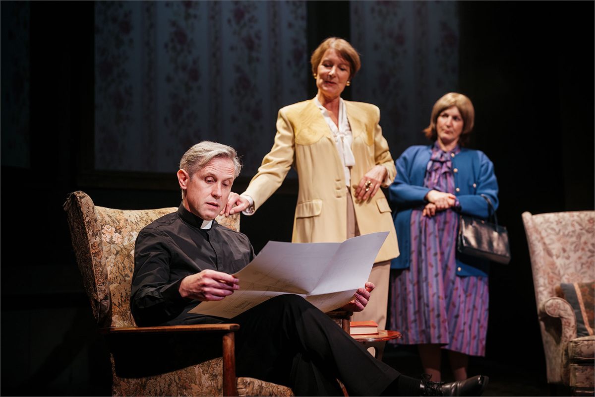 Ian Hallard, Julie Teal and Kate Russell-Smith in Murder Before Evensong. Photo by Alex Brenner