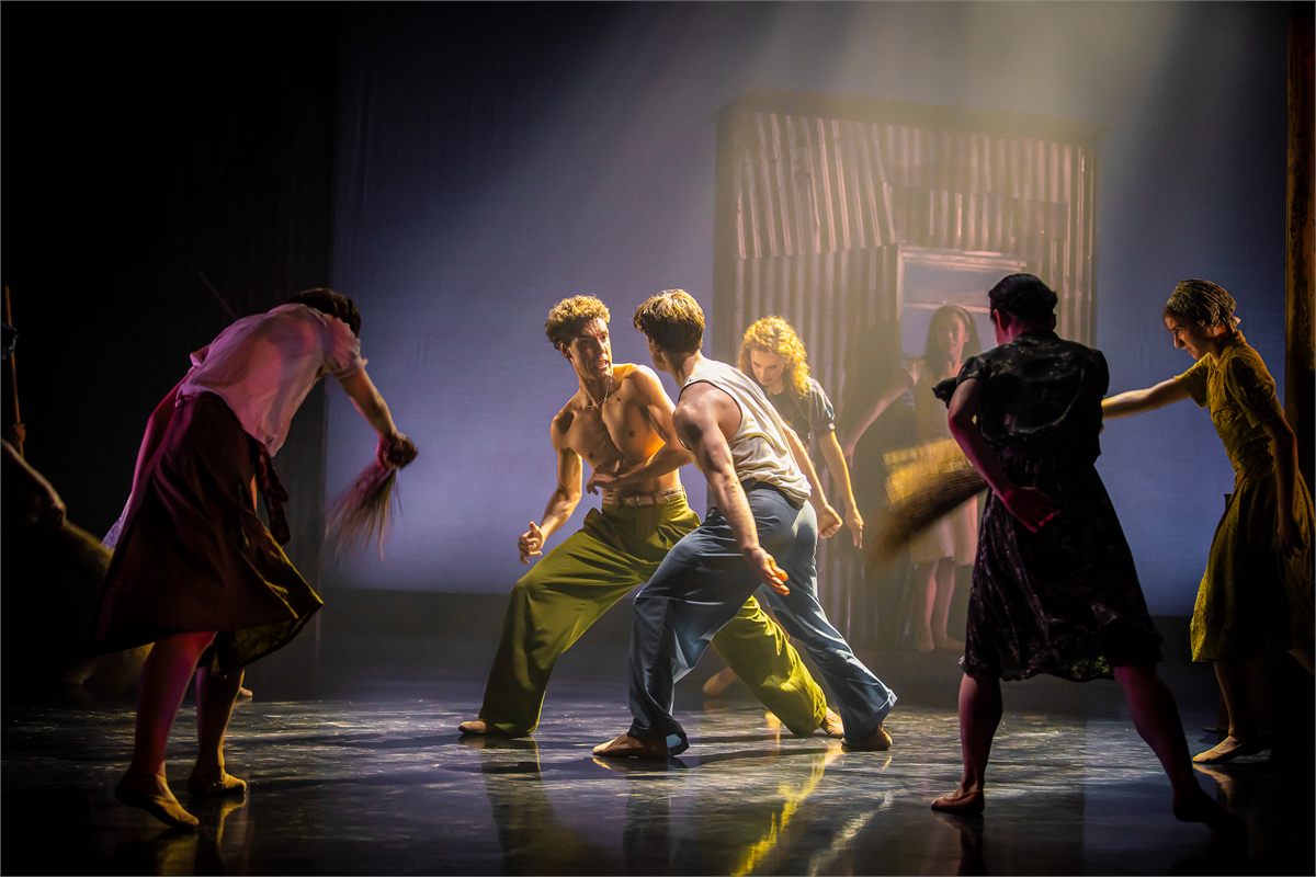 Antoni Cañellas Artigues and Harris Beattie face off among the company in Fools for Northern Ballet. Photo by Emily Nuttall