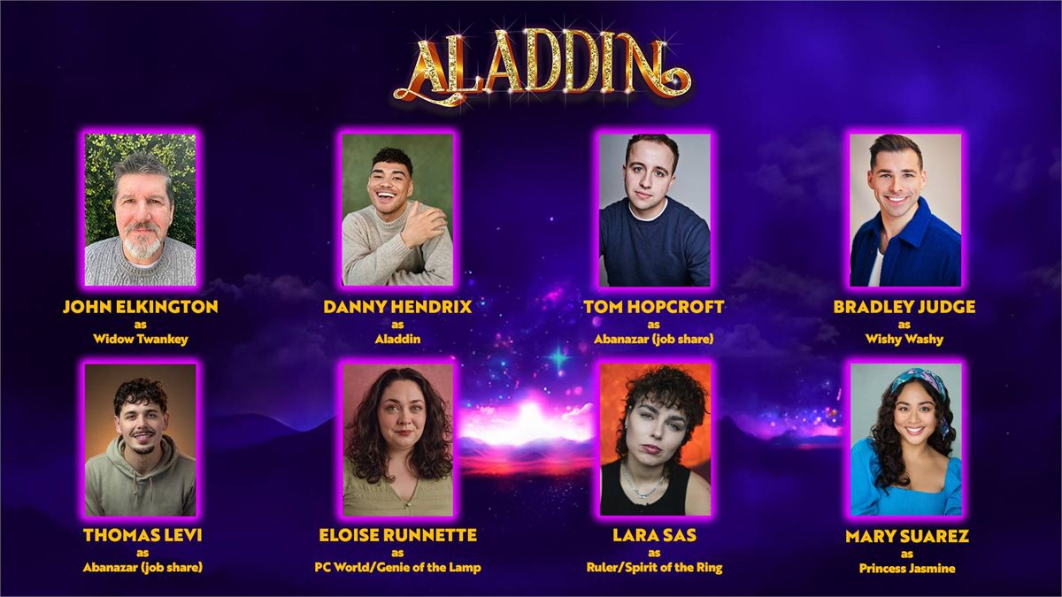 Cast artwork for Aladdin at Nottingham Playhouse: John Elkington, Danny Hendrix, Tom Hopcroft, Bradley Judge, Thomas Levi, Eloise Runnette, Lara Sas and Mary Suarez