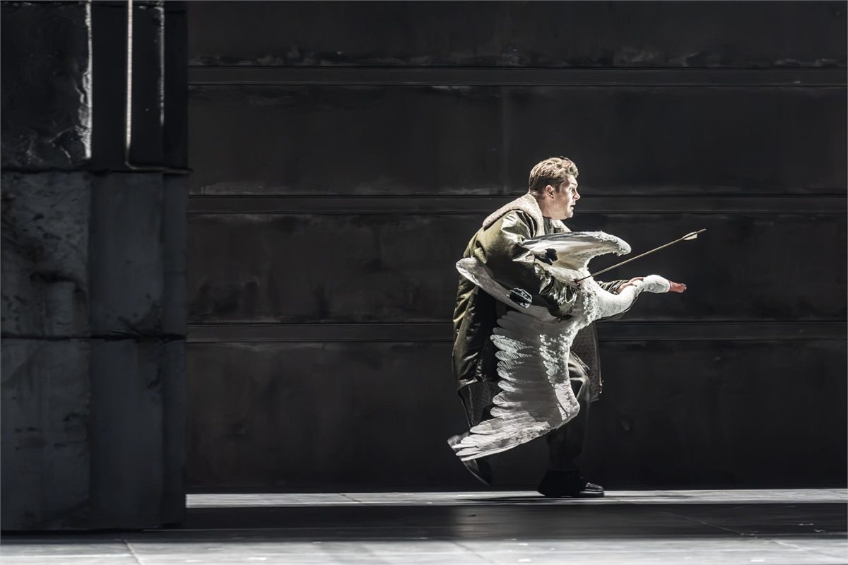 Stanislas de Barbeyrac as Parsifal, holding the swan, in Evgeny Titov’s production at the Royal Opera House. Photo by Marc Brenner