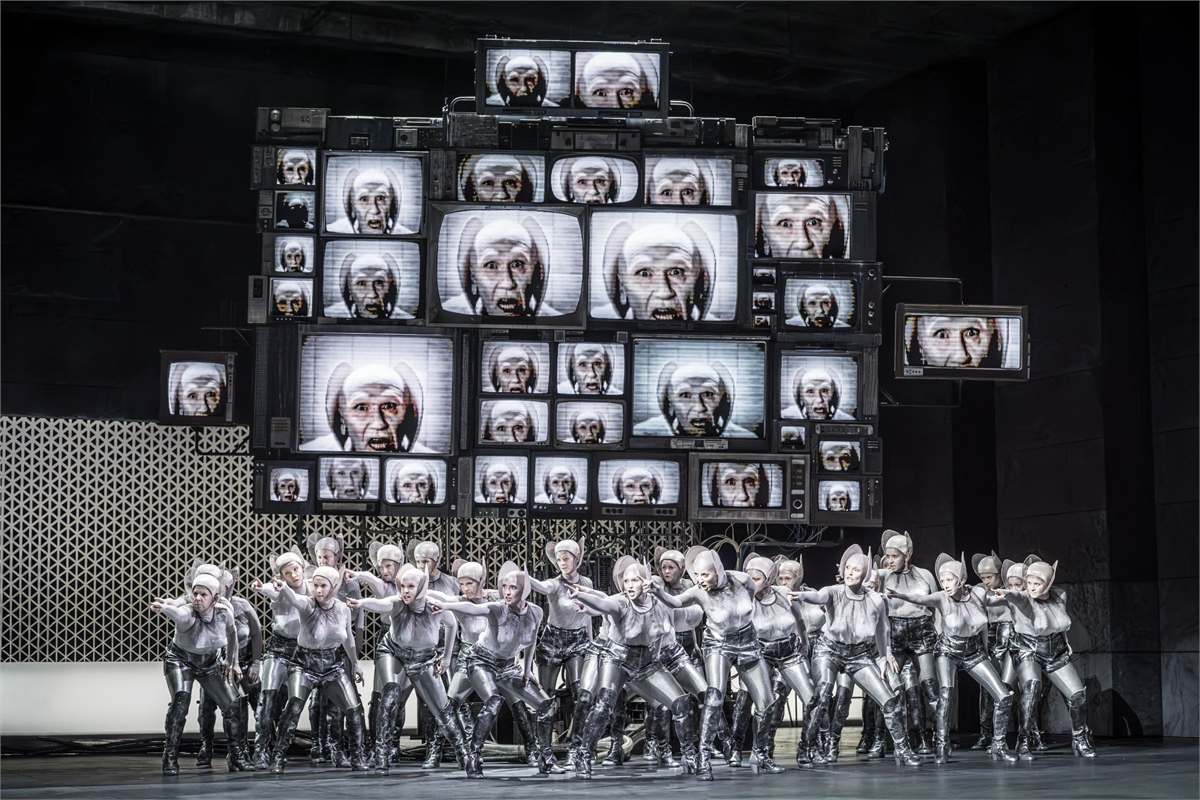 The Flower Maidens beneath a wall of video screens in Parsifal at the Royal Opera House. Photo by Marc Brenner