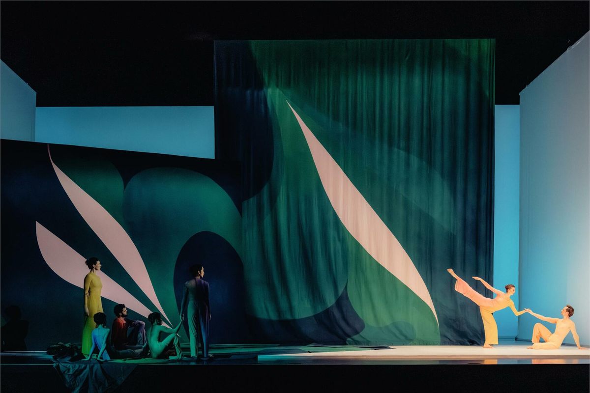 Pam Tanowitz Dance in front of Sarah Crowner’s green painted curtain in Pastoral. Photo by Lawrence Sumulong