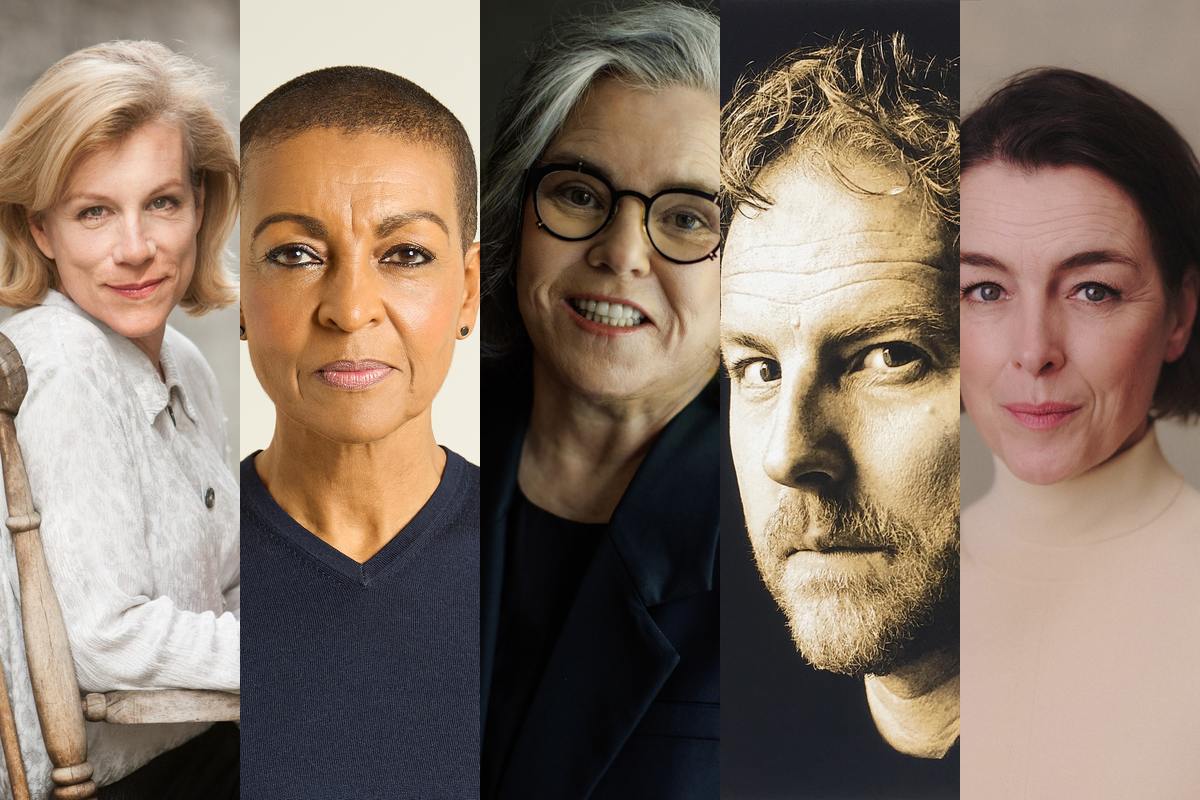 Juliet Stevenson, Adjoa Andoh, Rosie O'Donnell, Samuel West and Olivia Williams, cast in The Pelicot Trial. Samuel West photo by Bruce Chatterton