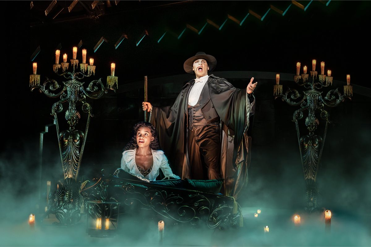 Jordan Donica as the Phantom and Beatrice Penny-Touré as Christine Daaé in The Phantom of the Opera at His Majesty’s Theatre. Photo by Johan Persson