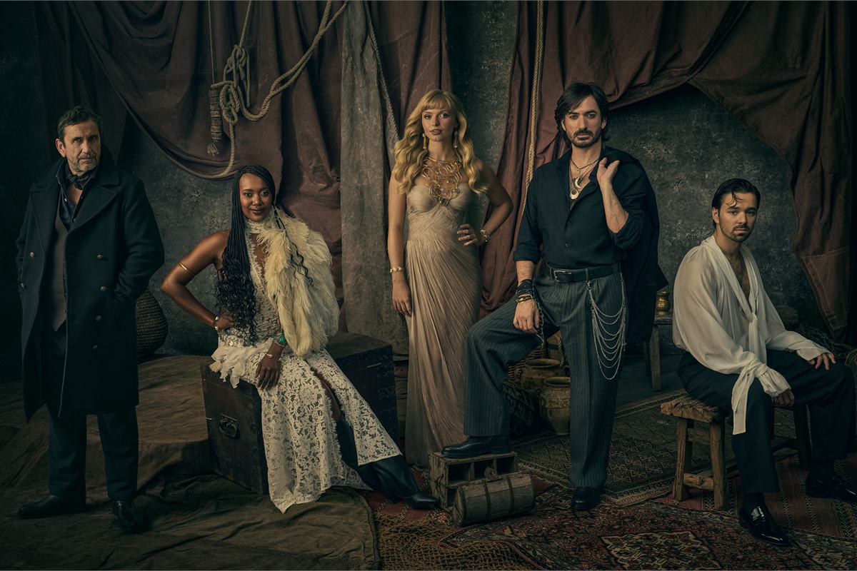Phil Daniels, Gleanne Purcell-Brown, Lily Blunsom, George Maguire and Harrison Wilde in character for Disney's Pirates of the Caribbean: The Immersive Adventure. Photo by Dan Kennedy Photo