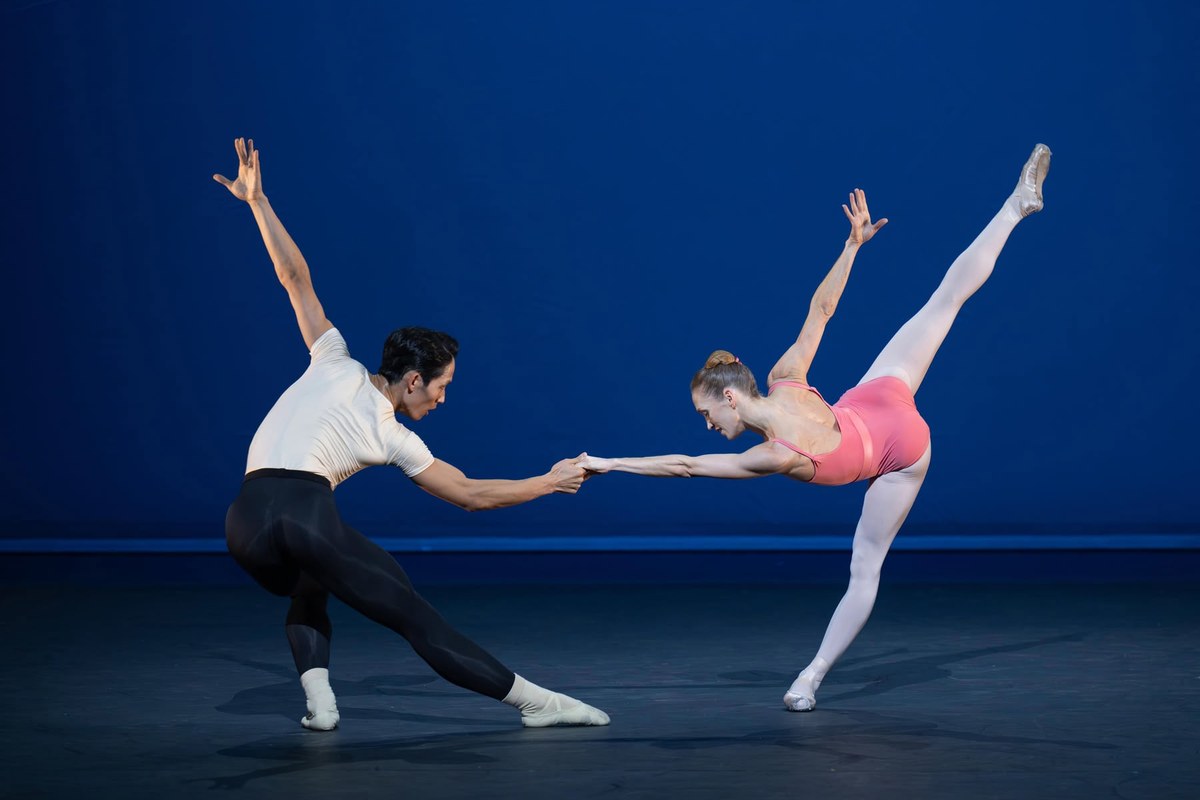 Ksenia Ovsyanick and Rentaro Nakaaki in Balanchine’s Symphony in Three Movements, part of English National Ballet’s Rhythm Riot. Photo by ASH