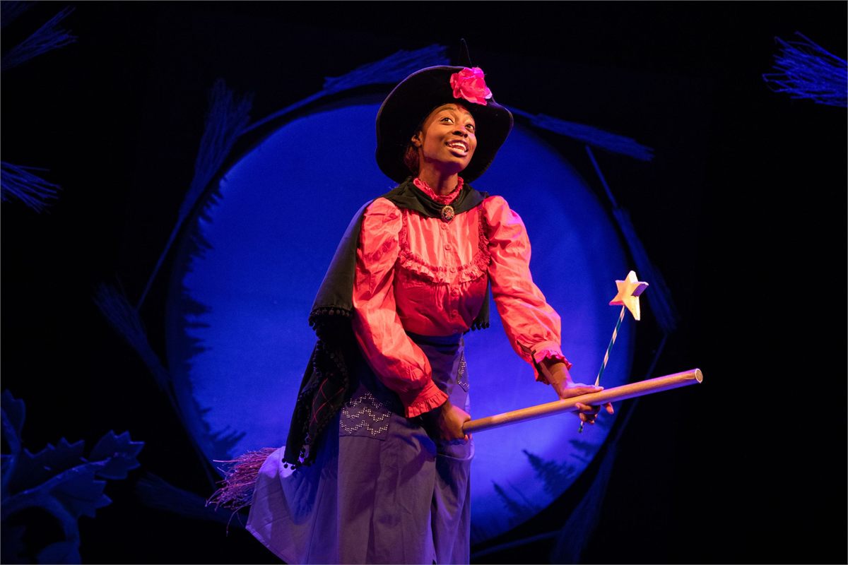 The Witch takes to her broomstick in Tall Stories’ Room on the Broom. Photo courtesy of Tall Stories
