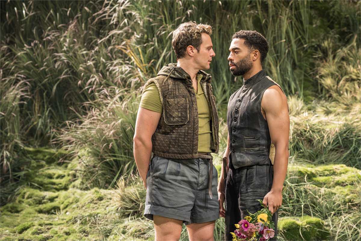 Jonathan Groff as Rosalind and Elliot Barnes-Worrell as Orlando in As You Like It at the Royal Shakespeare Theatre. Photo by Marc Brenner