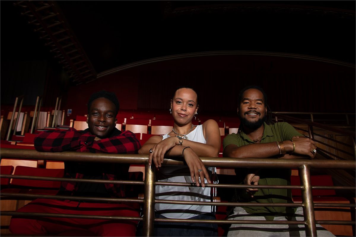 Playwrights Justice Ezi, Demi Wilson-Smith and Kaleb D’Aguilar at the Broadway Theatre, Catford. Photo by Maddy Cavaliero Knox