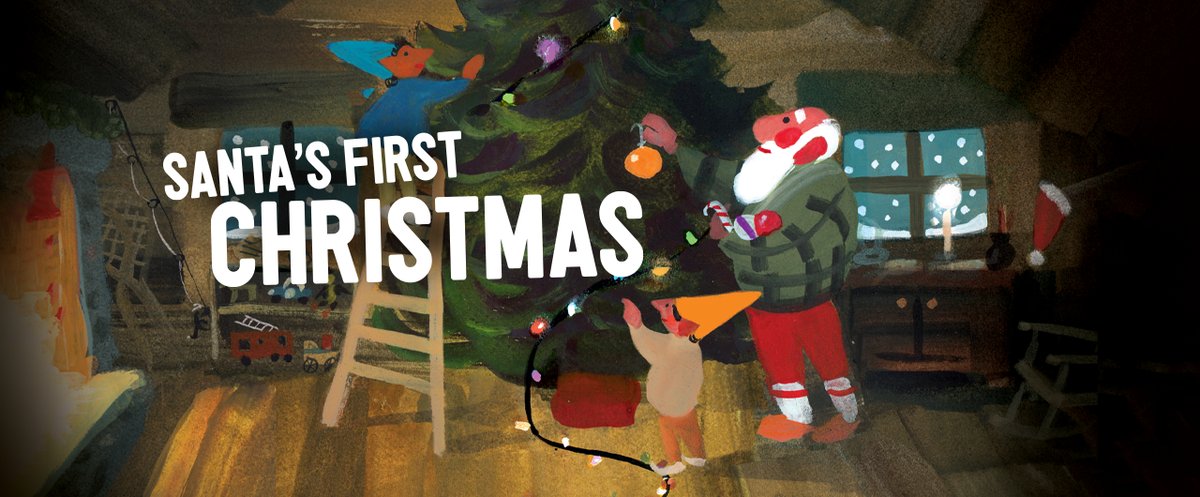 Artwork for Santa's First Christmas at the Unicorn Theatre: Santa and his elves decorating a Christmas tree