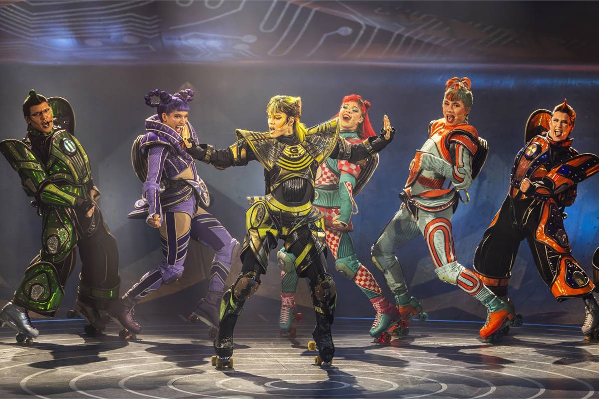 The engines line up on skates in Starlight Express at the Troubadour Wembley Park Theatre. Photo by Pamela Raith