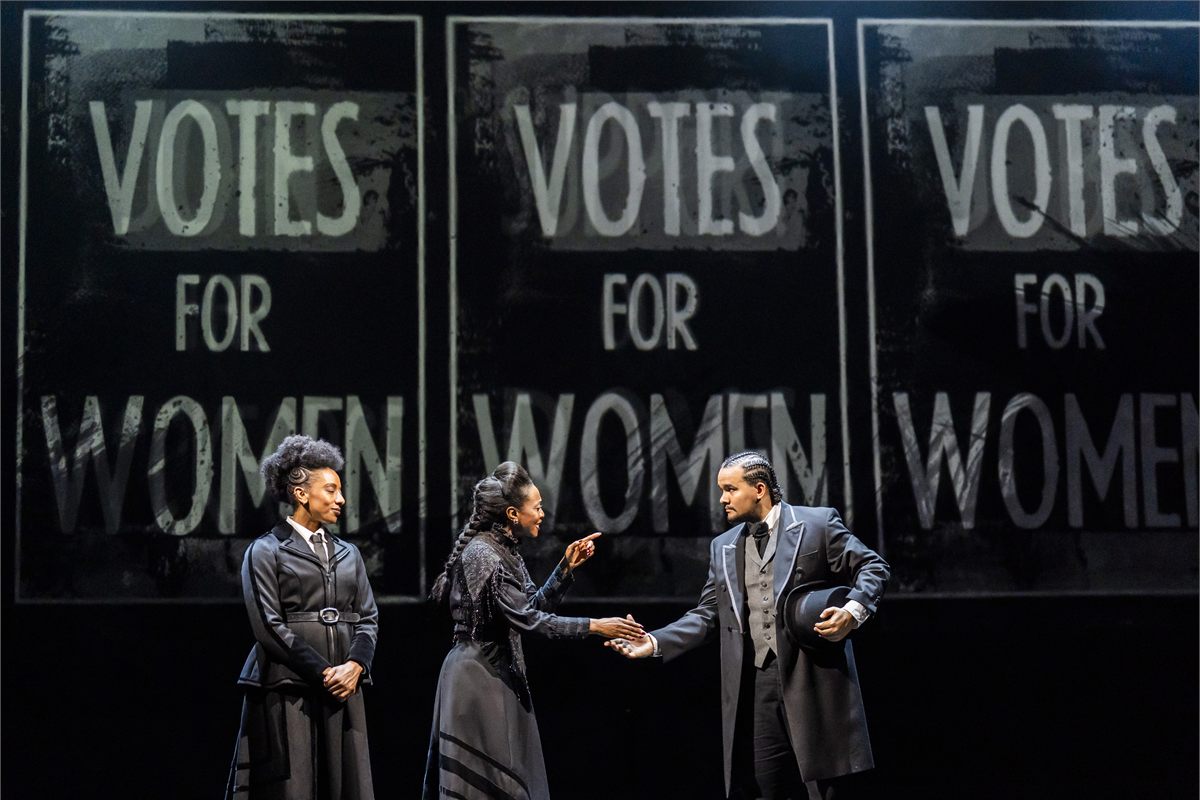 Ellena Vincent as Christabel Pankhurst, Beverley Knight MBE as Emmeline Pankhurst and Cleve September as Lloyd George in Sylvia. Photo by Tristram Kenton