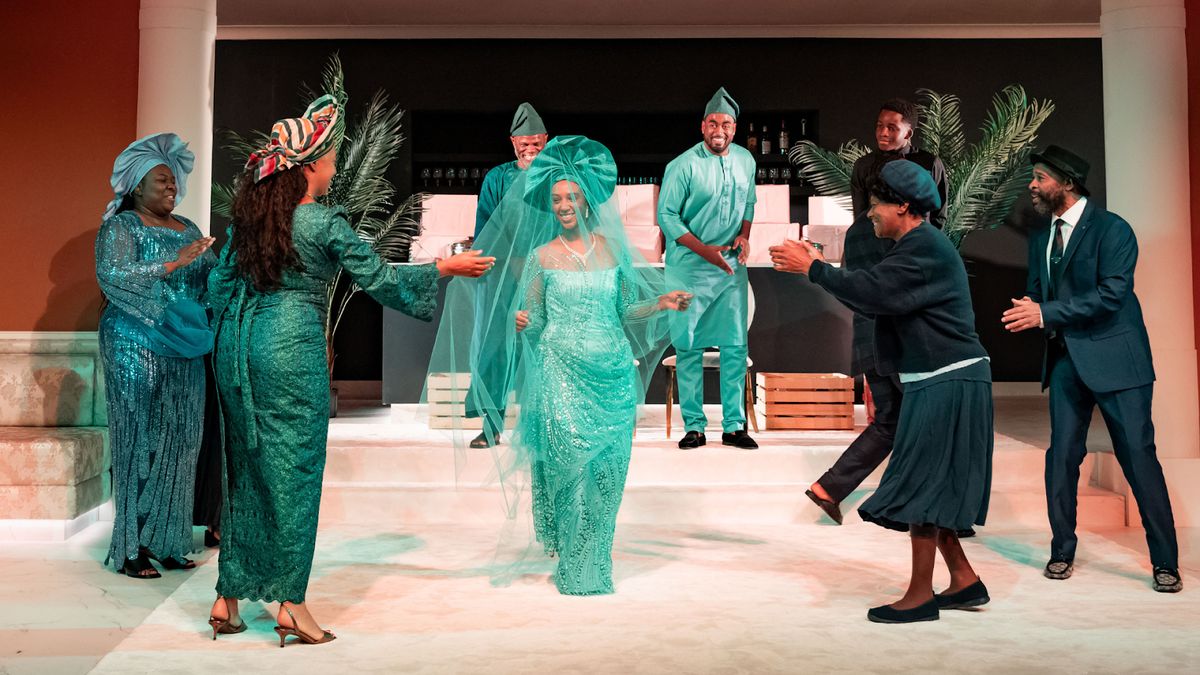Sara Mokonen as Adanna with the company in the wedding scene of Tartuffe (Remixed) at the Marylebone Theatre