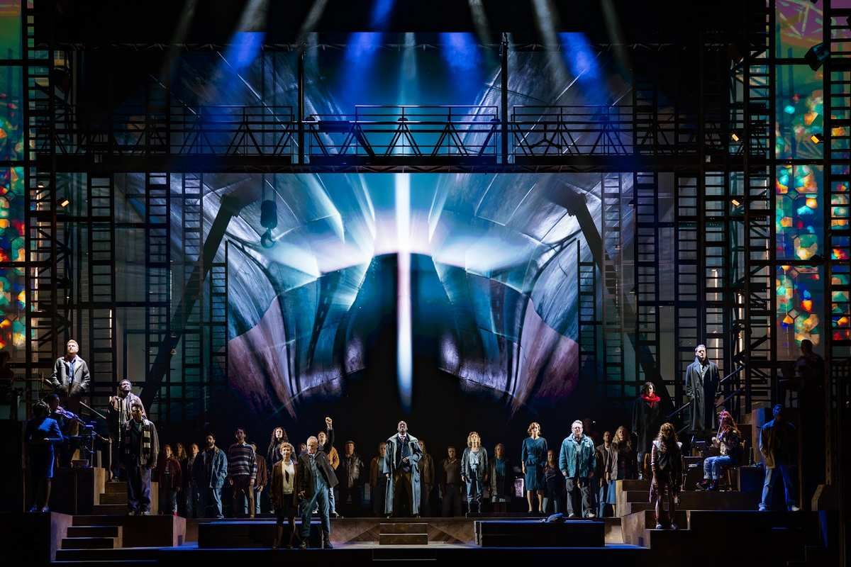The company of The Last Ship on the shipyard set at the Theatre Royal Drury Lane