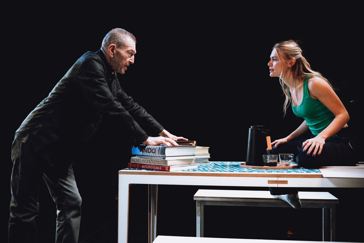 Greg Hicks as Halvard Solness and Louisa Binder as Hilde Wangel in The Master Builder at the Arcola Theatre