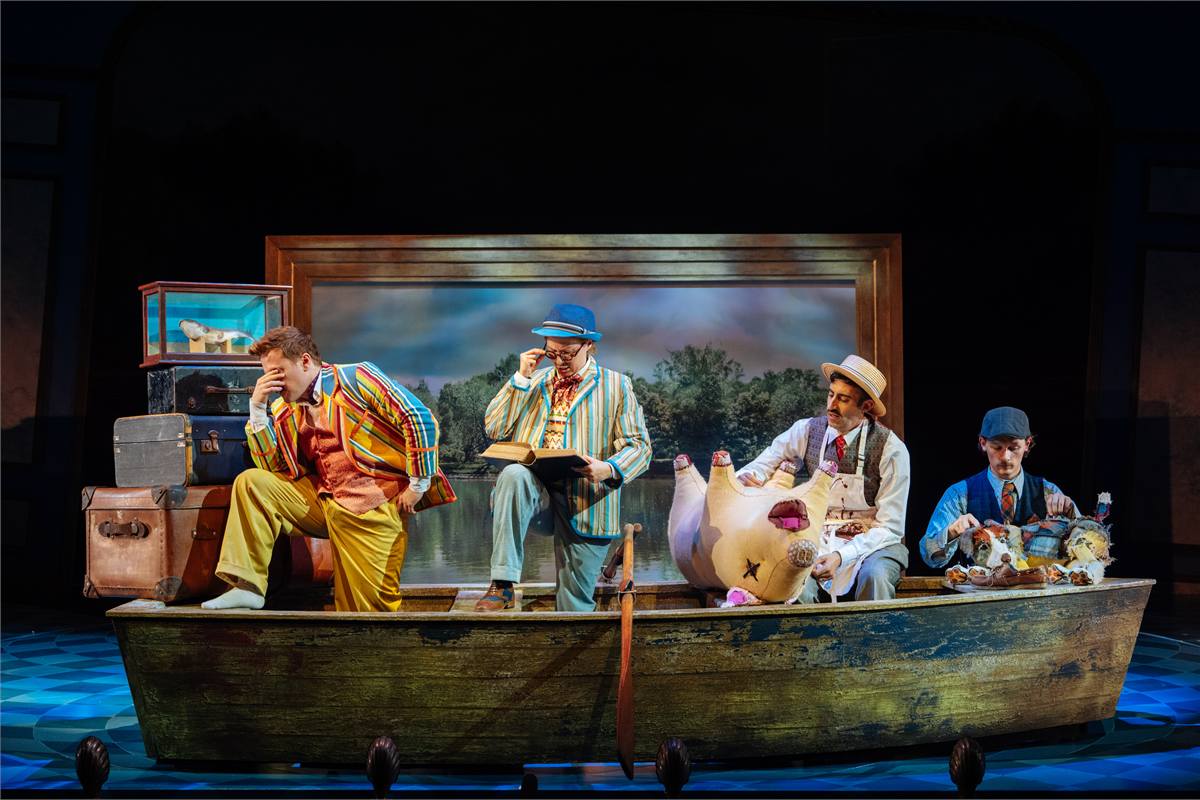 The company of Three Men in a Boat aboard the boat at Rose Theatre, Kingston. Photo by Helen Murray