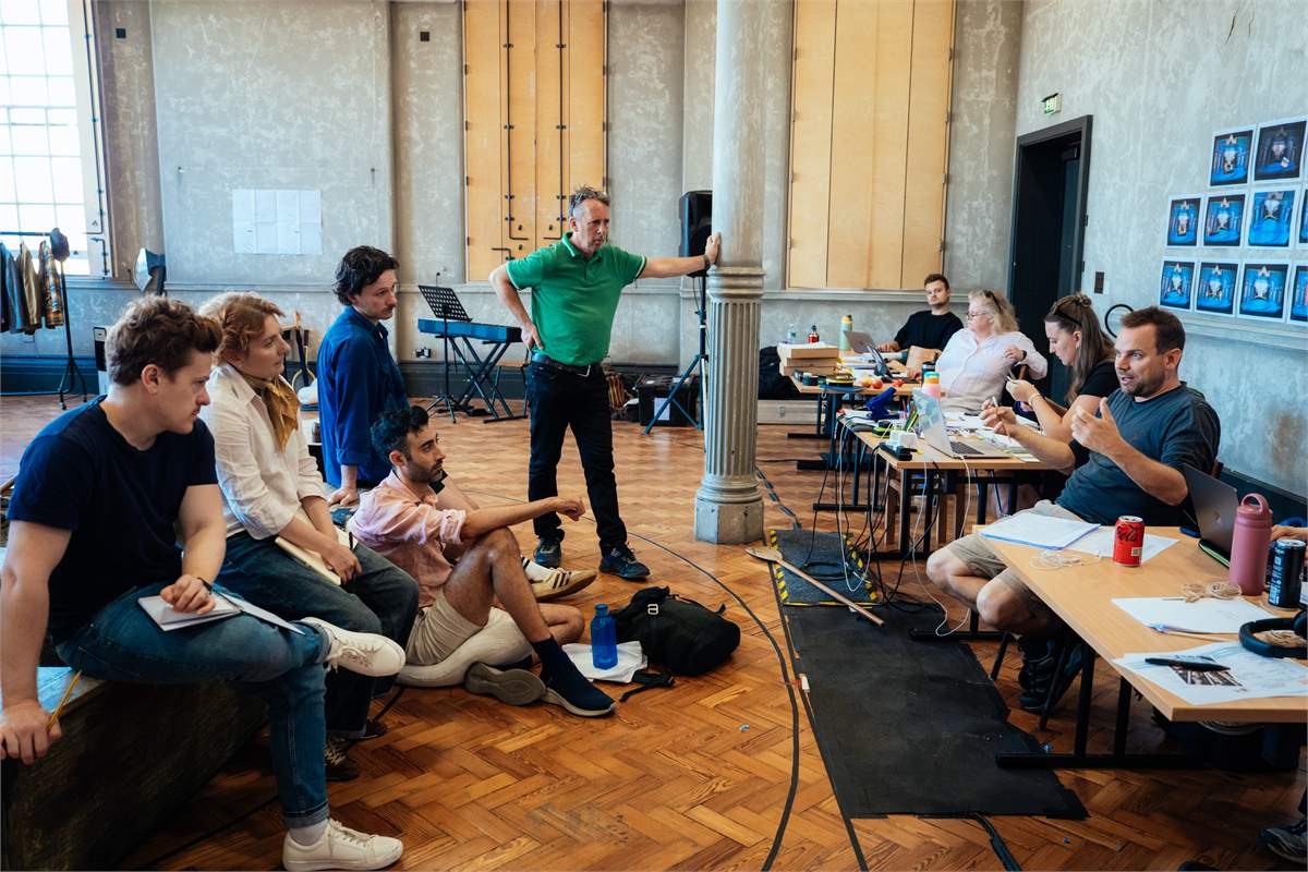 The company of Three Men in a Boat in rehearsal at Rose Theatre. Photo by Helen Murray