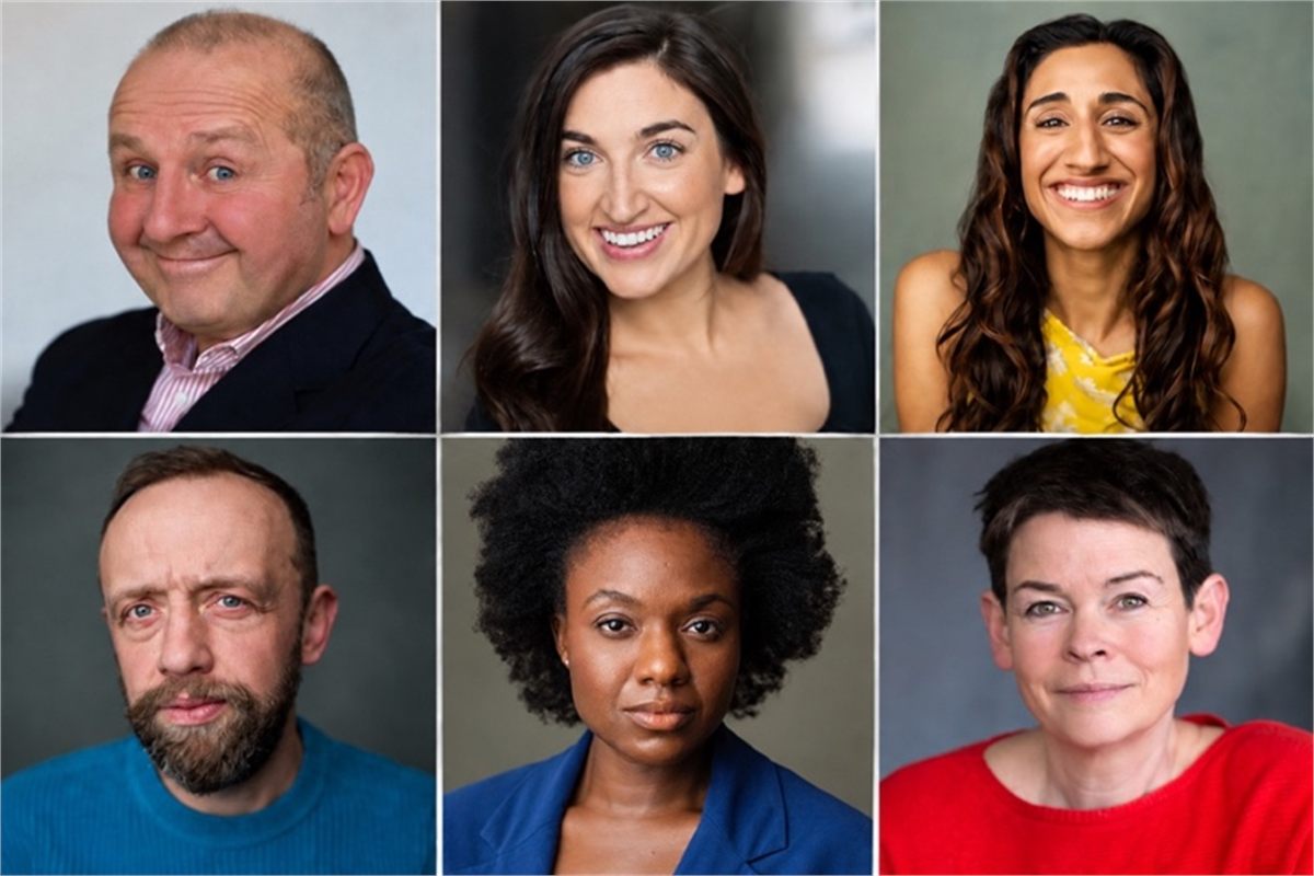 Terence Frisch, Philippa Carson and Nikita Johal (top row) with Michael Lambourne, Lakesha Cammock and Anna Tolputt (bottom row), the lead cast of A Christmas Carol: The Pantomime at Watford Palace Theatre