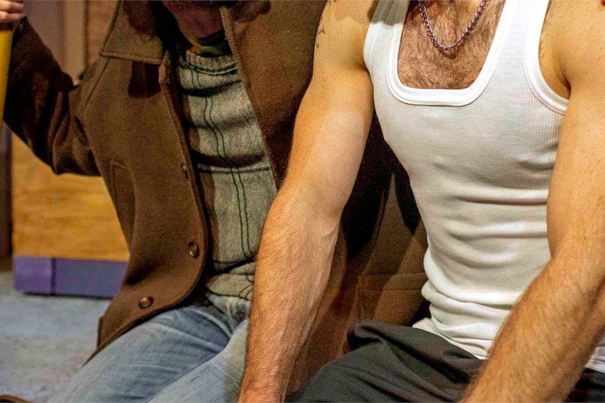 Matthew Blaney and Robbie Martin in What the Animals Say. Photo: Gavin Watson Matthew Blaney, holding a baseball bat, and Robbie Martin in What the Animals Say at the Finborough Theatre