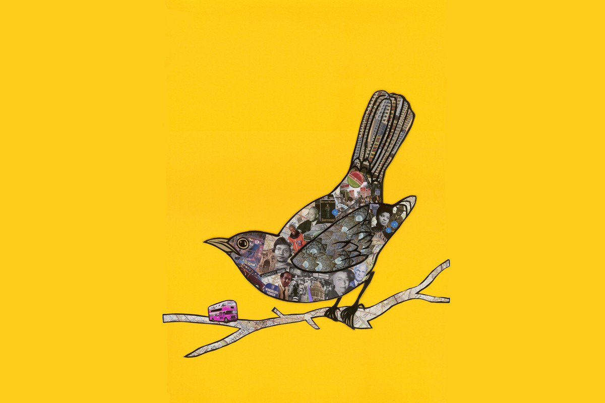 Artwork for When The Blackbird Sings, a collage blackbird on an Oxford map branch. Illustration by Bry Leighton