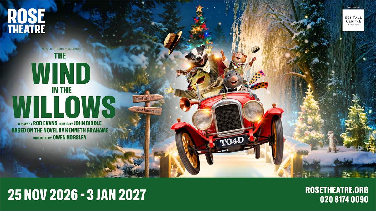 Artwork for The Wind in the Willows at the Rose Theatre, Kingston, showing Toad, Ratty, Mole and Badger in a red motor car on a snowy riverbank