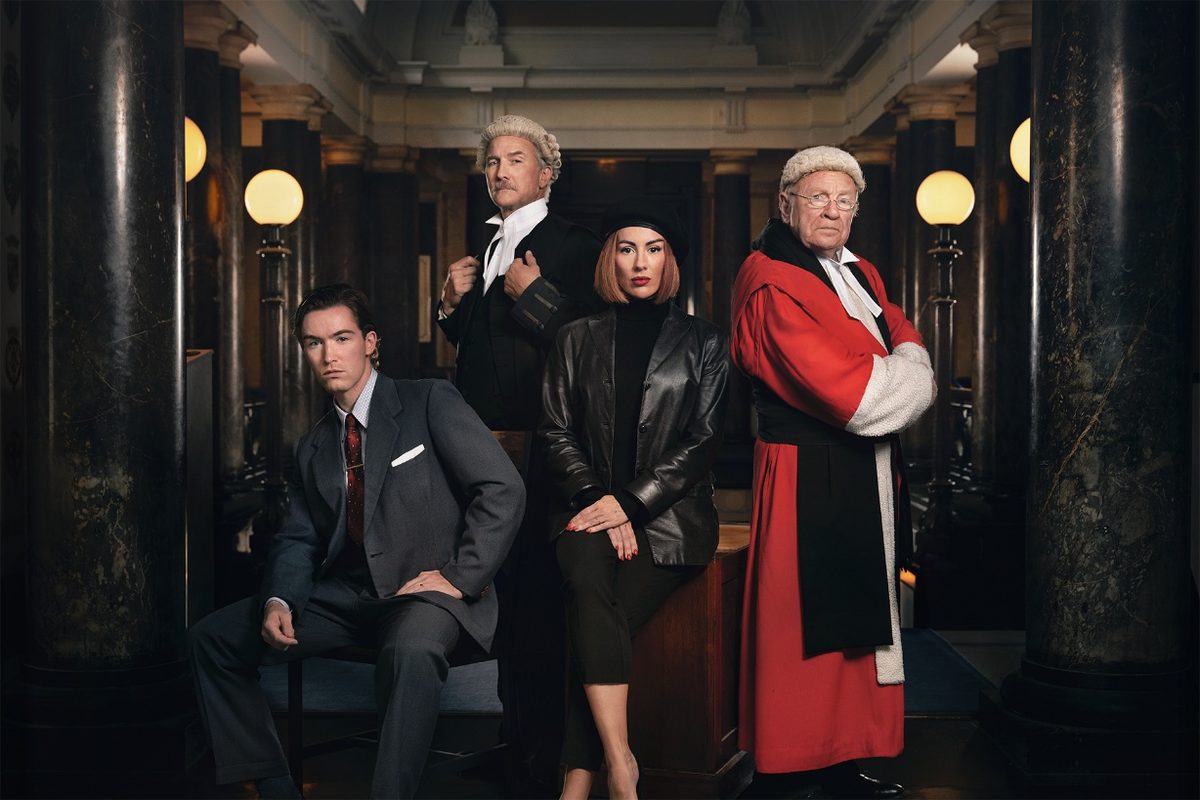 Matthew McGivern, Jo Stone-Fewings, Sophie Craig and David Shaw-Parker in Witness for the Prosecution at London County Hall. Photo by Sam Barker